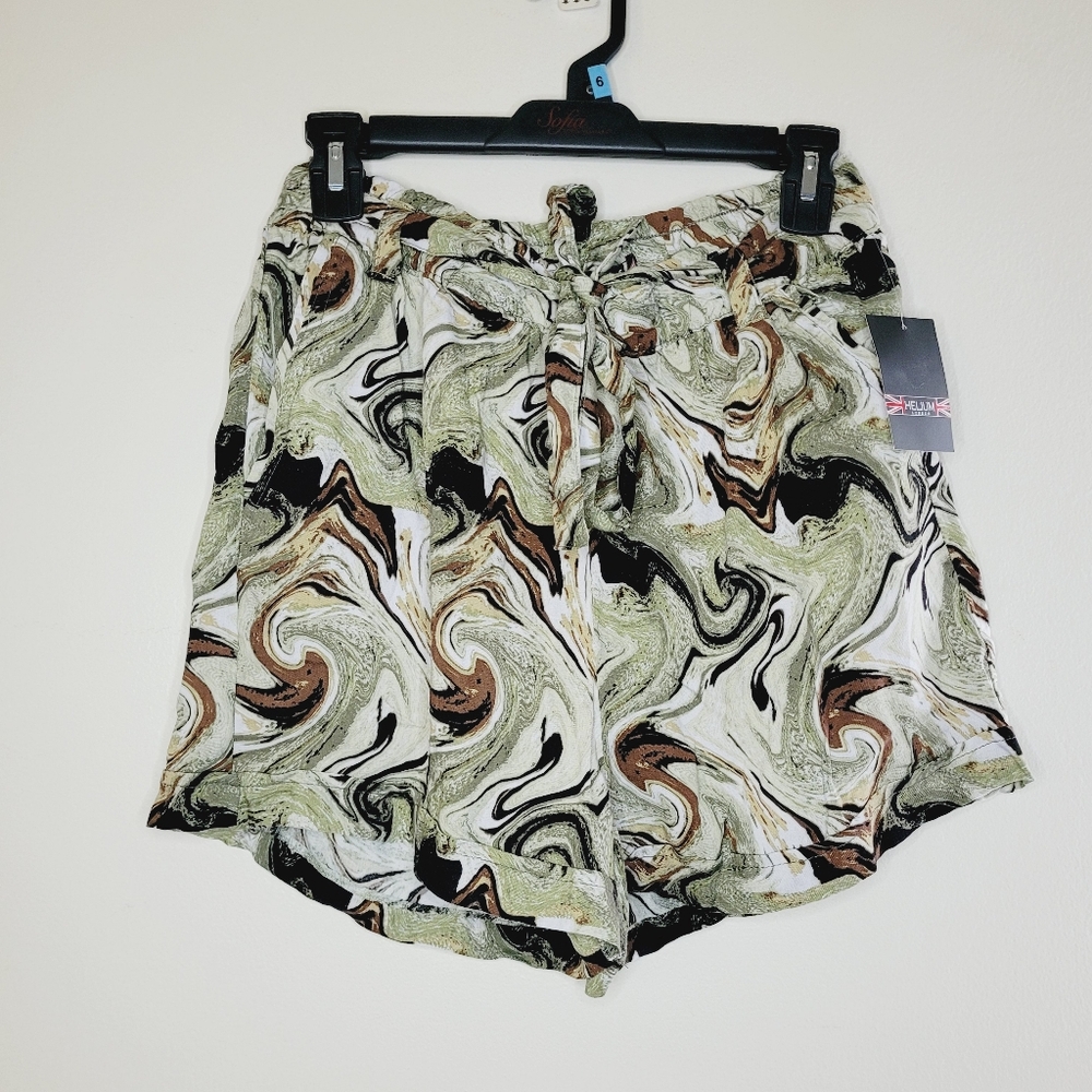 Helium London Shorts Women's Large Green Marbled Tie Waist Pockets Cute  Casual